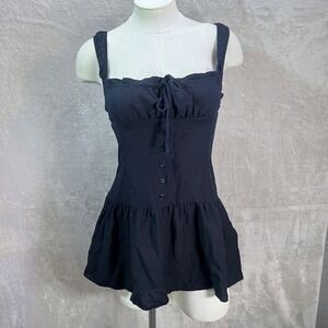 Lioness Mini Dress Womens Small linen Navy Ruched Milkmaid Babydoll coastal